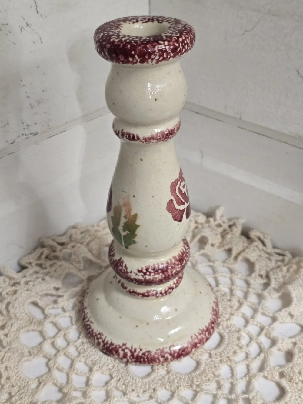 Hand-Painted Floral Ceramic Candle Holder - Cream and Burgundy - Cottagecore